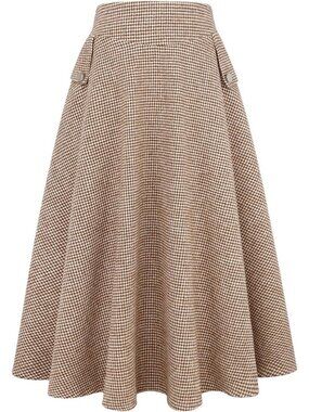 Women's Camel Fall Winter High Waisted Wool Plaid A-line Long Pocket Maxi Skirt